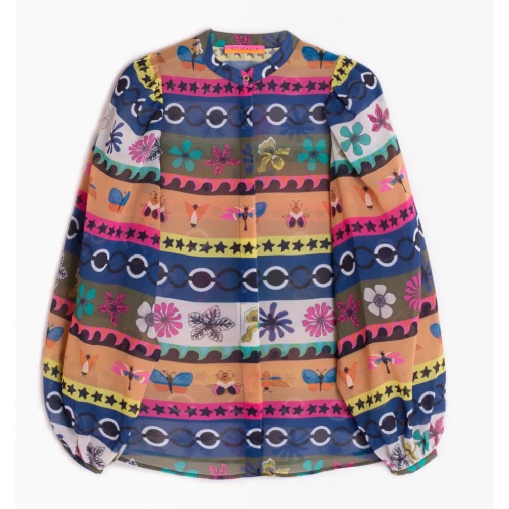 Vilagallo Multicolor Floral & Stripe Puff-Sleeve Blouse
